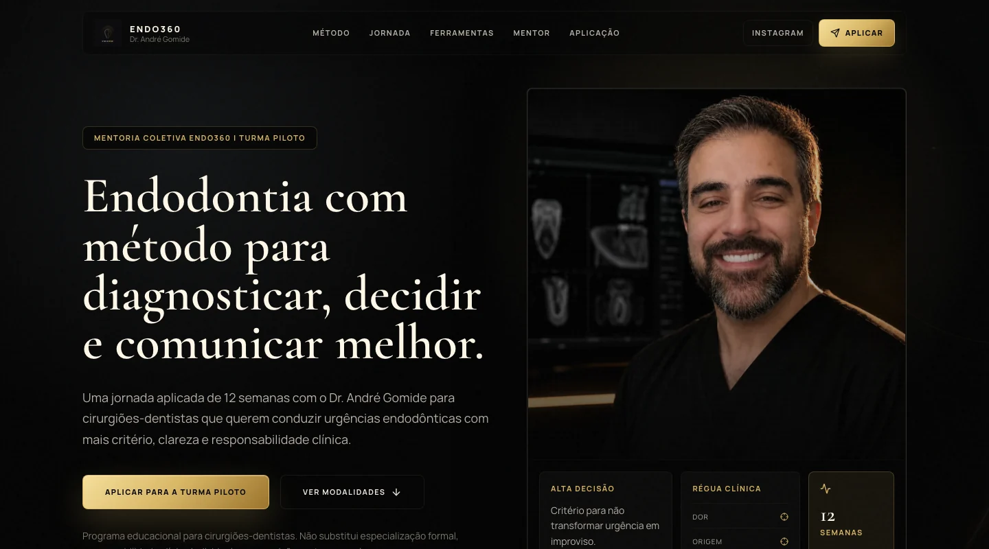 Primeira dobra do ENDO360, com chamada em fundo escuro e retrato do Dr. André Gomide