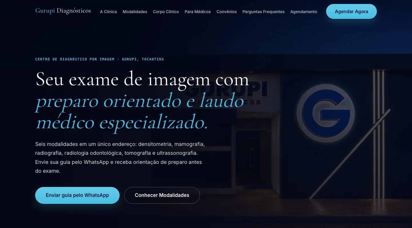 Primeira dobra do site Gurupi Diagnósticos, com tipografia azul e imagem da clínica
