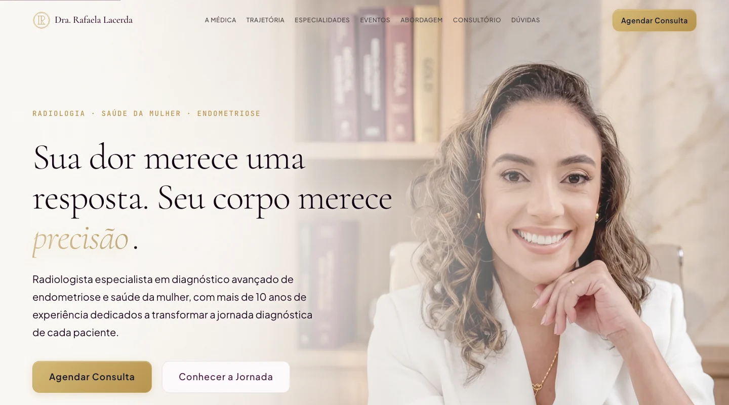 Primeira dobra do site da Dra. Rafaela Lacerda, com retrato profissional e chamada sobre diagnóstico