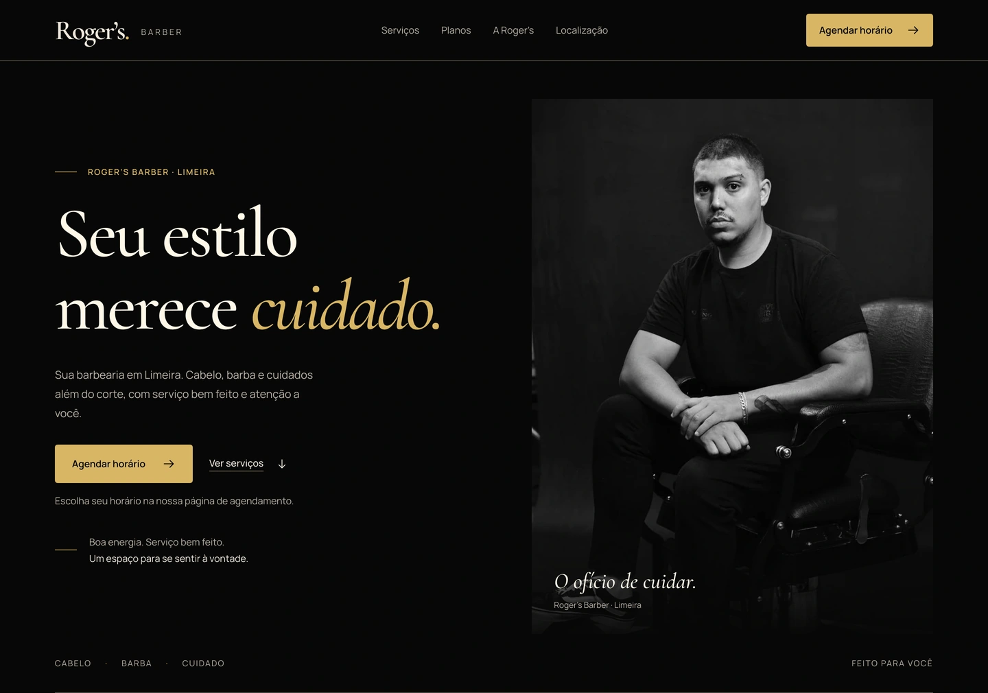 Hero publicada da Roger’s Barber, com a chamada Seu estilo merece cuidado e retrato do fundador em preto e branco